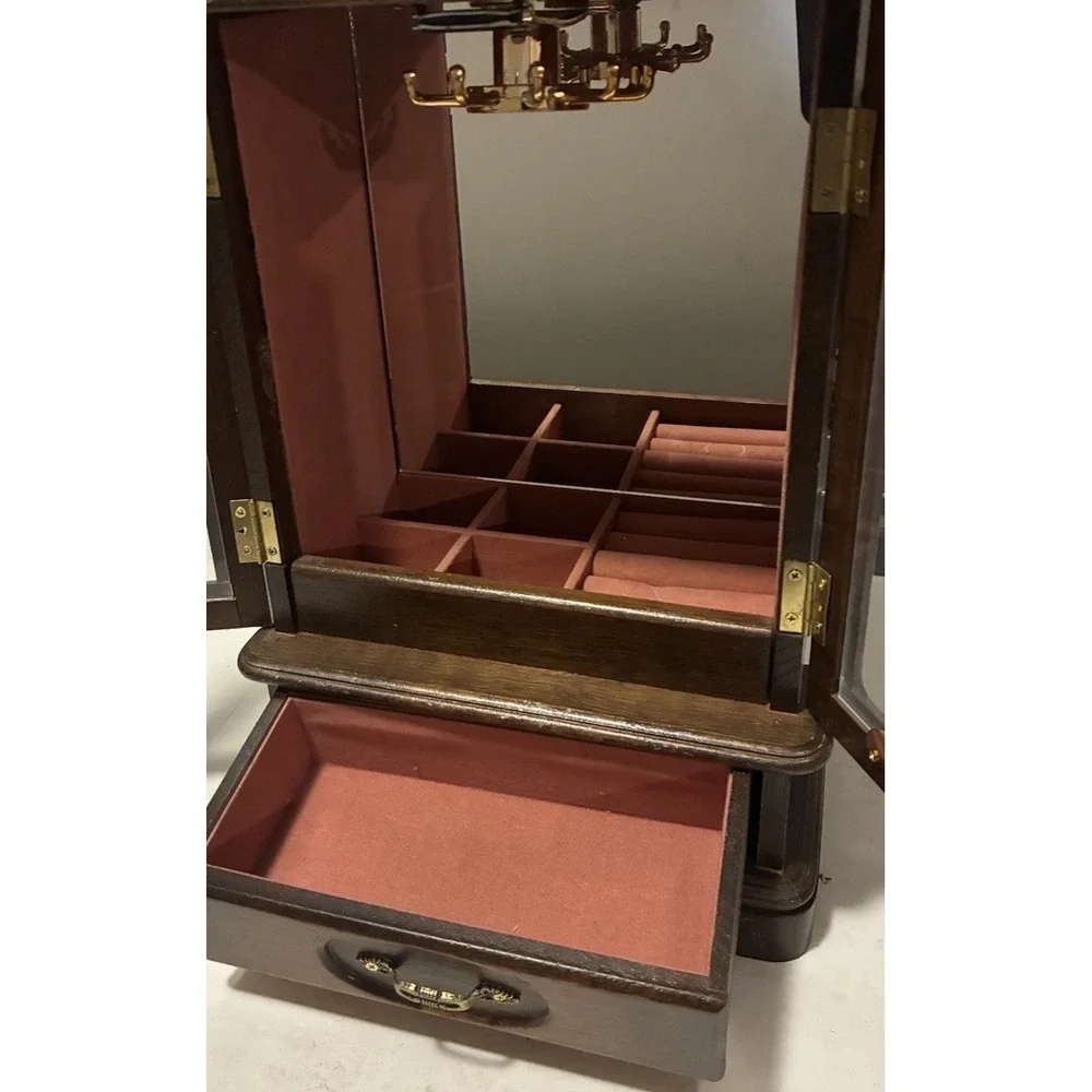 Vintage Jewelry Box Armoire Wood Etched Glass Carousel Mirror Music Box 13x9x5